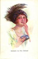 Lady with a box of sweets, Italian art postcard, s: Usabal (EK)