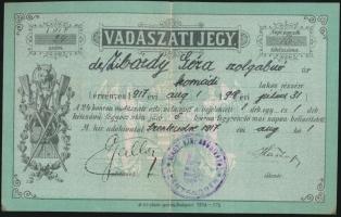 1917 Vadászjegy szolgabíró részére Szentendrén kiállítva