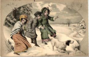 Children in winter with dog, M. Munk No. 477., s: H. Schubert