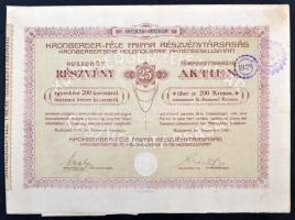 Budapest 1921. "Kronberger-féle Faipar Részvénytársaság" 25 részvénye egyben, egyenként 200K-ról szelvényekkel, bélyegzésekkel T:I-,II