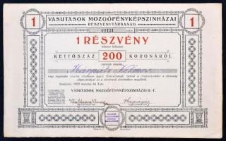 Budapest 1922. Vasutasok Mozgófényképszínházai Részvénytársaság részvénye 200K-ról teljes szelvényívvel T:III