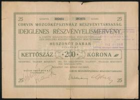 Budapest 1923. Corvin Mozgóképszínház Részvénytársaság ideiglenes részvényelismervénye 25db részvényről egyben, egyenként 200K-ról, bélyegzésekkel T:III,III- szakadások