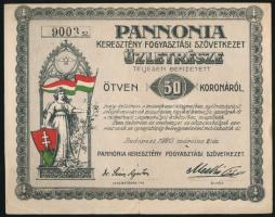 Budapest 1920. Pannonia Keresztény Fogyasztási Szövetkezet üzletrésze 50K-ról, szelvényekkel T:III