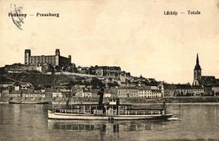 Pozsony, Pressburg; látkép a várral, gőzhajó / general view with the castle, steamship