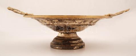 Szecessziós rezezett fém kínáló, kopott, jelzés nélkül, m:10 cm, d:22 cm