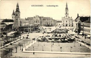 Kecskemét, Szabadság tér, piac és árusok, Városháza, Katolikus templom, kiadja Fekete Soma könyvkereskedő