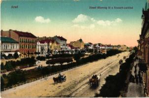 Arad, József főherceg út a Kossuth-parkkal, lovaskocsik, kiadja Kerpel Izsó / street with park, horse carriage (kopott sarkak / worn edges)