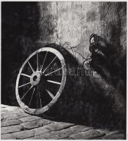 cca 1966 Kocsis Iván: Kerék és bilincs, feliratozott vintage fotóművészeti alkotás, 20x18 cm