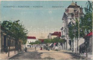 Komárom, Komárno; Baross utca, leporellolap Újkomáromi vasútállomással / street, leporellocard with railway station (vágott / cut)