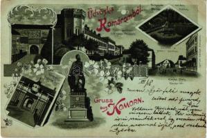 Komárom, Komorn; Öreg vár, Tiszti pavilon, Sétatér, Zenepavilon, Klapka tér, Várkapu, kiadja Spitzer Sándor / castle, officers pavilion, promenade, music pavilion, square, floral, Art Nouveau litho (EK)