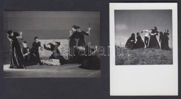 cca 1935 Magyar halottas egy-egy jelenete szabadban és színpadon előadva, 2 db vintage fotó a Szentpál iskola archívumából, 6,5x9 cm