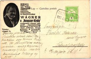 A Slavonia kivándorló hajó Fiume kikötőjében; hátoldalon Wágner hangszer király reklámja /  immigrat...