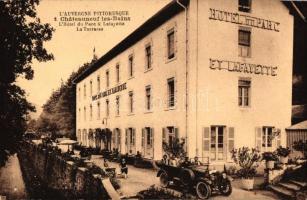 Chateauneuf-les-Bains, LHotel du Parc & Lafayette, La Terrasse / Hotel terrace, automobile (gluemark)