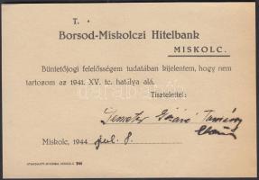 1944 Nyilatkozat a Borsod-Miskolczi Hitelbank részére a harmadik zsidótörvény alóli mentességről