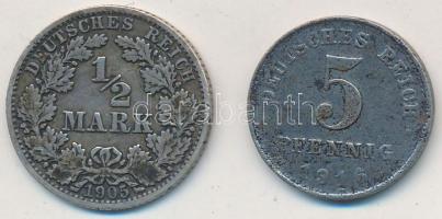 Német Birodalom 1905A 1/2M Ag + 1916. 5pf Fe T:2- German Empire 1905A 1/2 Mark Ag + 1916. 5 Pfennig Fe C:VF