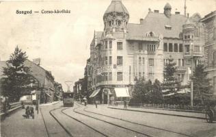Szeged, Corsó-kávéház, villamos, kiadja Grünwald Herman (EK)