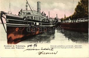 Az Albrecht gőzhajó Vukovár kikötőjében, Dolazal putnickog parobroda 'Albrecht' Ankunft des Passagierschiffes 'Albrecht' Verlag Vilma Baum / steamship by Vukovar