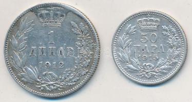 Szerbia 1912. 1D Ag "I. Péter" + Szerbia 1915. 50p Ag "I. Péter" T:2- forrasztásnyom, 2 Serbia 1912. 1 Dinar Ag "Petar I" + Serbia 1915. 50 Para Ag "Petar I" C:VF soldering mark, XF