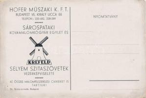 Szélmalom, a hátoldalon a Hofer Műszaki Kft., a Sárospataki Kovamalomkőgyár Egylet és Selyem Szitasz...