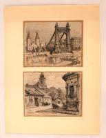 Sostarics Lajos (1896-1968): Óbuda, Dugonics Titusz tér. Lebombázott Erzsébet-híd. Ceruza, papír, jelzett, kartonlapra ragasztva 14,5×19 cm (2×)