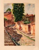 Sostarics Lajos (1896-1968): Gülbaba utca. Akvarell, papír, jelzett, 23×17 cm