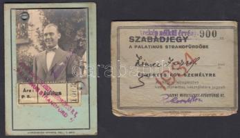 cca 1934 a Palatinus strandra szóló fényképes havibérlet + fénykép nélküli szabadjegy