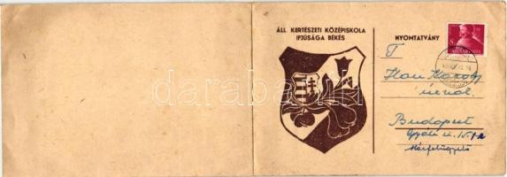 1948 Békés, az Állami Kertészeti Középiskola kihajtható Mikulás-est meghívója, az iskola címere / Hungarian Horticultural Middleschools invite with the schools coat of arms, folding card (EB)