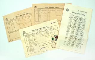 1923-44  Vegyes anykönyvi kivonatok Budapest székesfőváros okirati illetékbélyeggel, 4db,  különböző méretben és minőségben