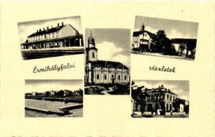 Érmihályfalva, Valea Lui Mihai; Glück üzlete, vasútállomás, Református templom, / shop of Glück, railway station, Calvinist church