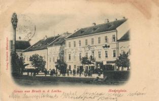 1898 Lajtabruck, Bruck an der Leitha; Főtér, Városháza, takarékbank, K. Schlaffer üzlete / Main square, Town hall, savings bank, shop (Rb)