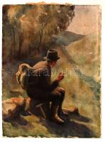 Bertalan Rózsa (1900-1987): Pihenő vándor. Akvarell, papír, foltos, jelzett, 39×29 cm