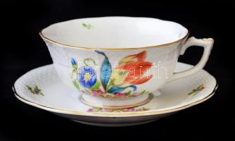 Herendi tulipán mintás teás csésze csészealjjal, kézzel festett, porcelán, jelzett, hibátlan, 5x10cm