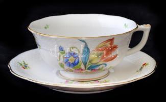 Herendi tulipán mintás teás csésze csészealjjal, kézzel festett, porcelán, jelzett, hibátlan, 5x10cm
