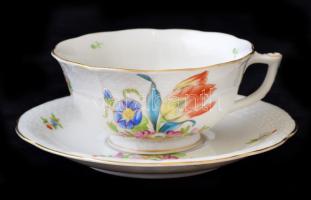Herendi tulipán mintás teás csésze csészealjjal,kézzel festett, porcelán, jelzett, hibátlan, 5x10cm
