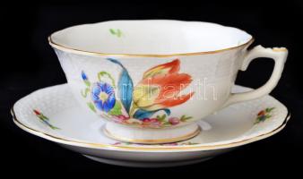 Herendi tulipán mintás teás csésze csészealjjal, porcelán, kézzel festett, jelzett, hibátlan, 5x10cm