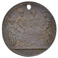 Hollandia 1742. "Pragmatica Sanctio" kétoldalas Br gúnyérem (13,11g/42,5mm) T:2-,3 ly., kissé hullámos / Netherlands 1742. "Pragmatica Sanctio" two-sided Br satirical medal. "DE PRAGMATIQUE SANCTIE BELOOFT EN NOU VANMYN ERVELANDE BEROOFT 1742 / EEDE EN VERBONDE GEBROOKEN  ENT VUUR ALOMME AANGESTOOKEN - SAX (Saxony), SILES (Silesia), BAV (Bavaria), BOHEME (Bohemia), BYR, OOSTENE (Austria)" (13,11g/42,5mm) C:VF,F hole, slightly curved Montenuovo 1707.