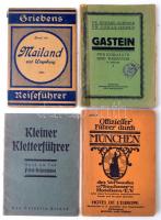 Vegyes kis útikönyv tétel, különféle német nyelvű vezetők: Schider, Eduard: Gastein (Salzburg, 1925); Offizieller Führer durch die München (München, [1912]); Griebens Reiseführer Bd. 105: Mailand und Umgebung (Berlin, 1925); Strau$, Valentin: Kleiner Kletterführer (Linz, 1938). Példányonként változó állapotban.