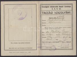 1922 A Közszolgálati Alkalmazottak Nemzeti Szövetsége tagsági igazolvány, 1 db tagdíjbélyggel