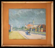 Miklós István (1898-?): Utcarészlet. Olaj, papír, jelzett, üvegezett keretben, 35×43 cm