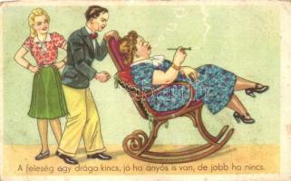 A feleség egy drága kincs, jó ha anyós is van, de jobb ha nincs / Hungarian humourous art postcard (EB)