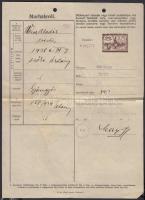 1939 Kál, Marhalevél vízjeles papíron, okmánybélyeggel