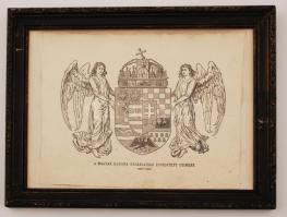 cca 1890-1915 A magyar korona országainak egyesített címere (középcímer), merített papíron, üvegezett fa keretben, 23,5×31,5 cm