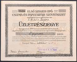 Szeged 1921. "Első Szegedi Cipő-, Csizma- és Papucsipari Szövetkezet" üzletrészjegye 1000K-ról, szelvényekkel, felülbélyegzéssel T:I,I-