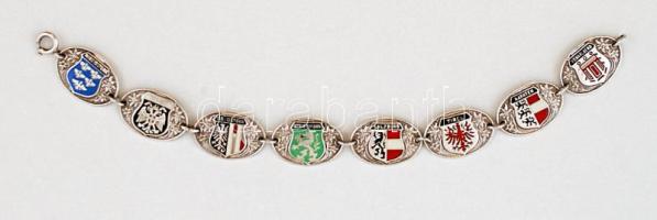 Ezüst karlánc az osztrák tartományok zománc címerével,   Ag., bruttó: 19,8gr., jelzett, 18,5cm / Silver bracelet with enamel coat of arms of the Austrian provinces, Ag, gross. 19,8gr, marked, 18,5cm