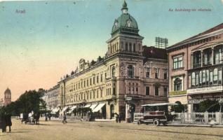Arad, Andrássy tér, Első Magyar Általános Biztosítótársaság, sörcsarnok, autobusz / square, insurance company, beer hall, autobus (EB)