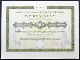 Szeged 1926. Szegedi Bútorgyár Részvénytársaság részvénye 500P-ről, felülbélyegzésekkel és szelvényekkel T:I-