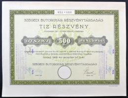 Szeged 1926. "Szegedi Bútorgyár Részvénytársaság" részvénye 500P-ről, felülbélyegzésekkel és szelvényekkel T:I-