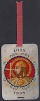 1938 Szent Istvánt ábrázoló fém emléklap, 9x6 cm