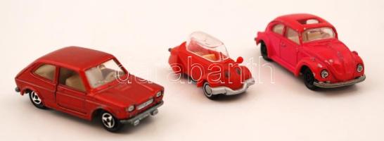 VW bogár, Fiat 127, kabinenroller, játékautók, 3db, H: 6-4cm között