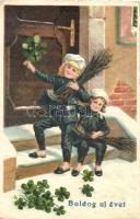 Boldog újévet / New Year, chimney sweepers, clovers, litho (EK)